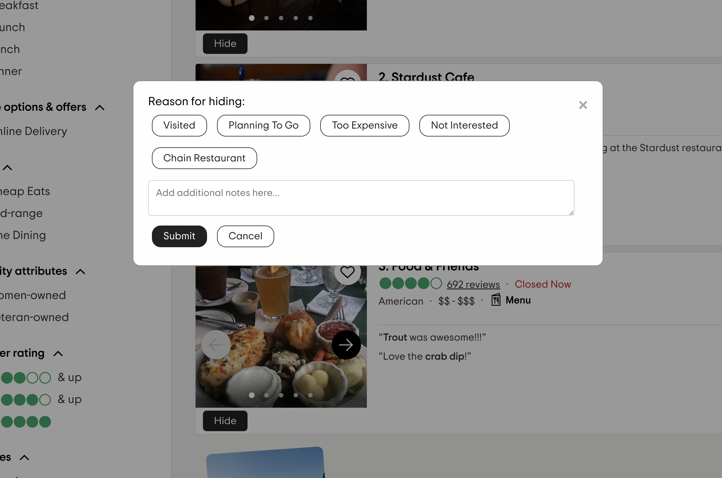 Tripadvisor Restaurant Filter Screenshot